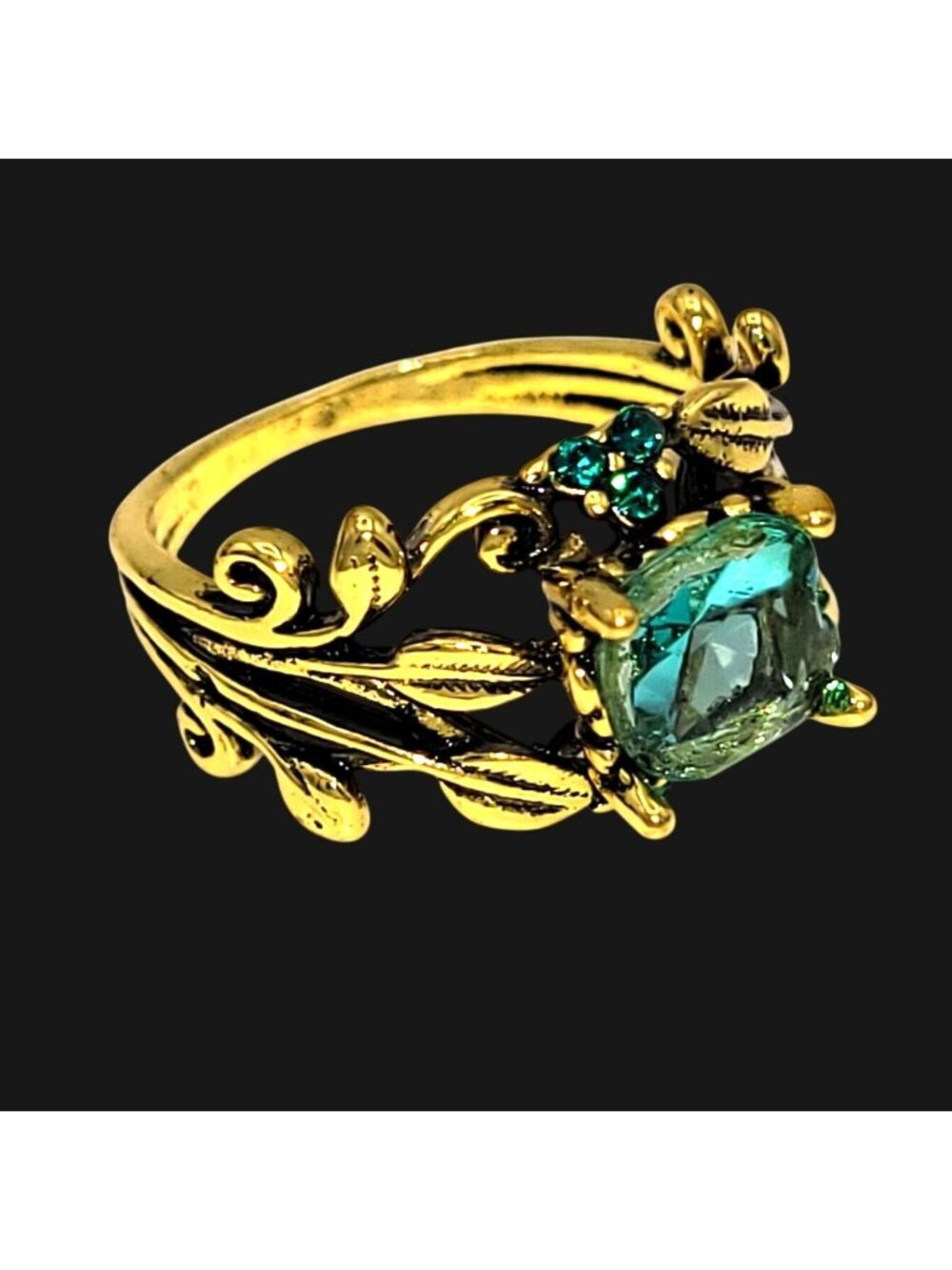 Vintage-Inspired Goldtone Leaf Ring Blue Gemstones Intricate Floral Design 8.5